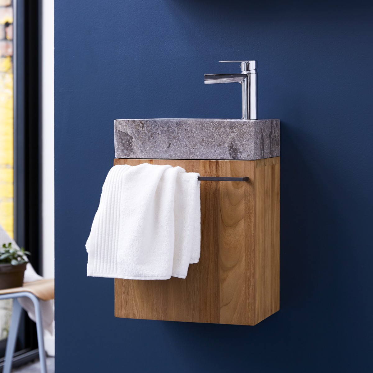 Stelle - Badunterschrank massivem Teakholz mit Marmor Waschbecken grey