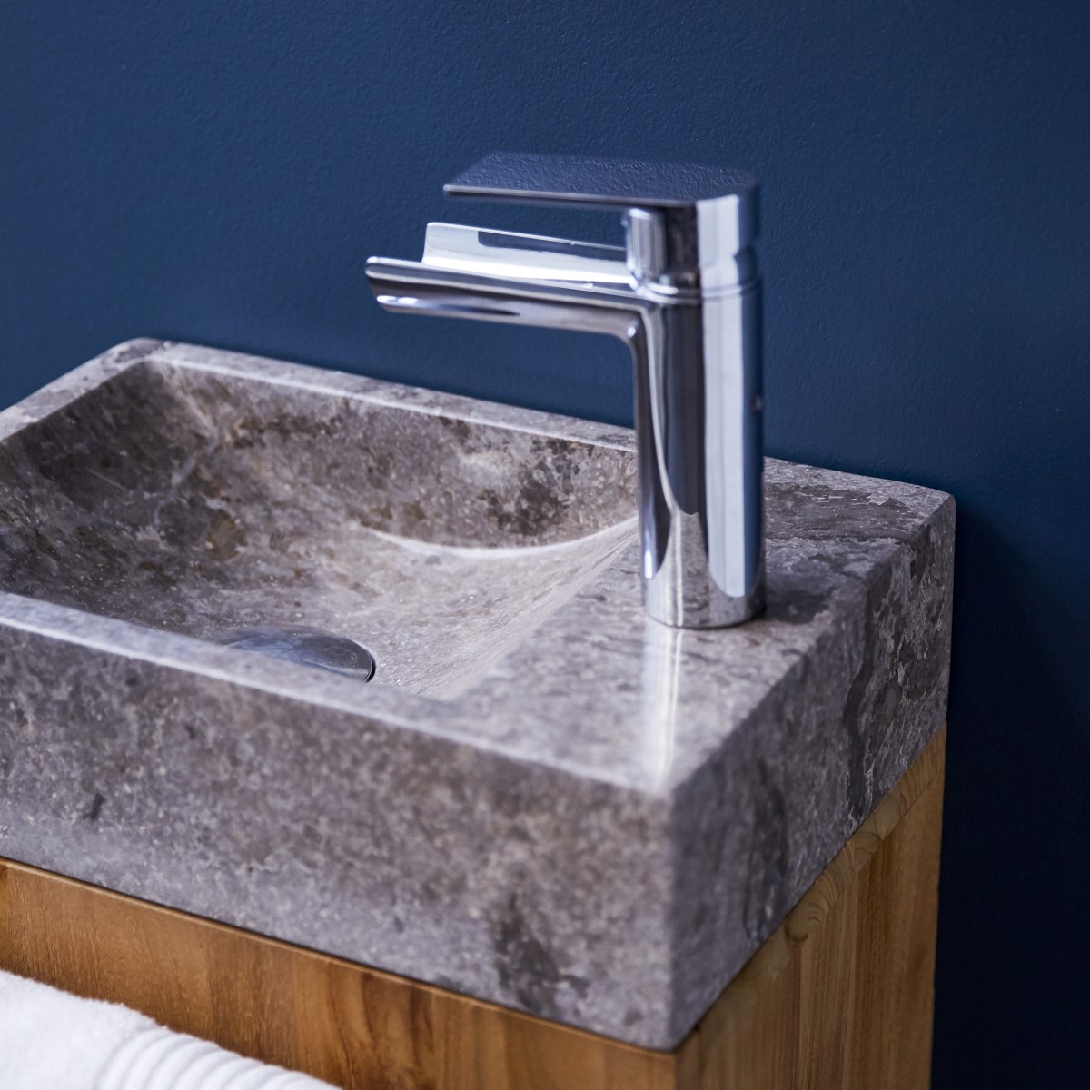 Stelle - Badunterschrank massivem Teakholz mit Marmor Waschbecken grey