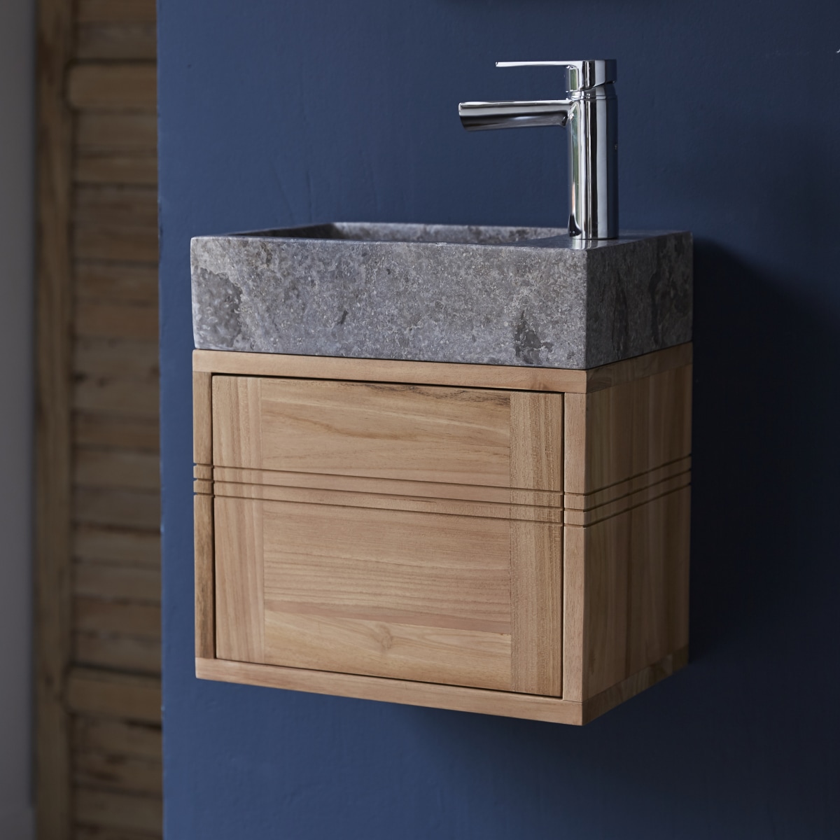 Basic - Badunterschrank massivem Teakholz mit Marmor Waschbecken grey