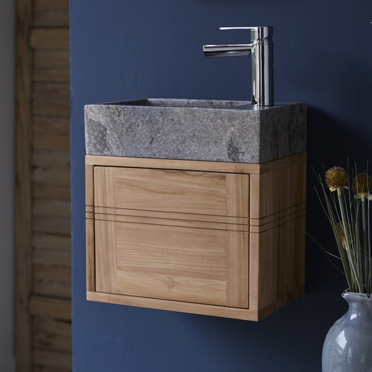 Basic - Badunterschrank massivem Teakholz mit Marmor Waschbecken grey