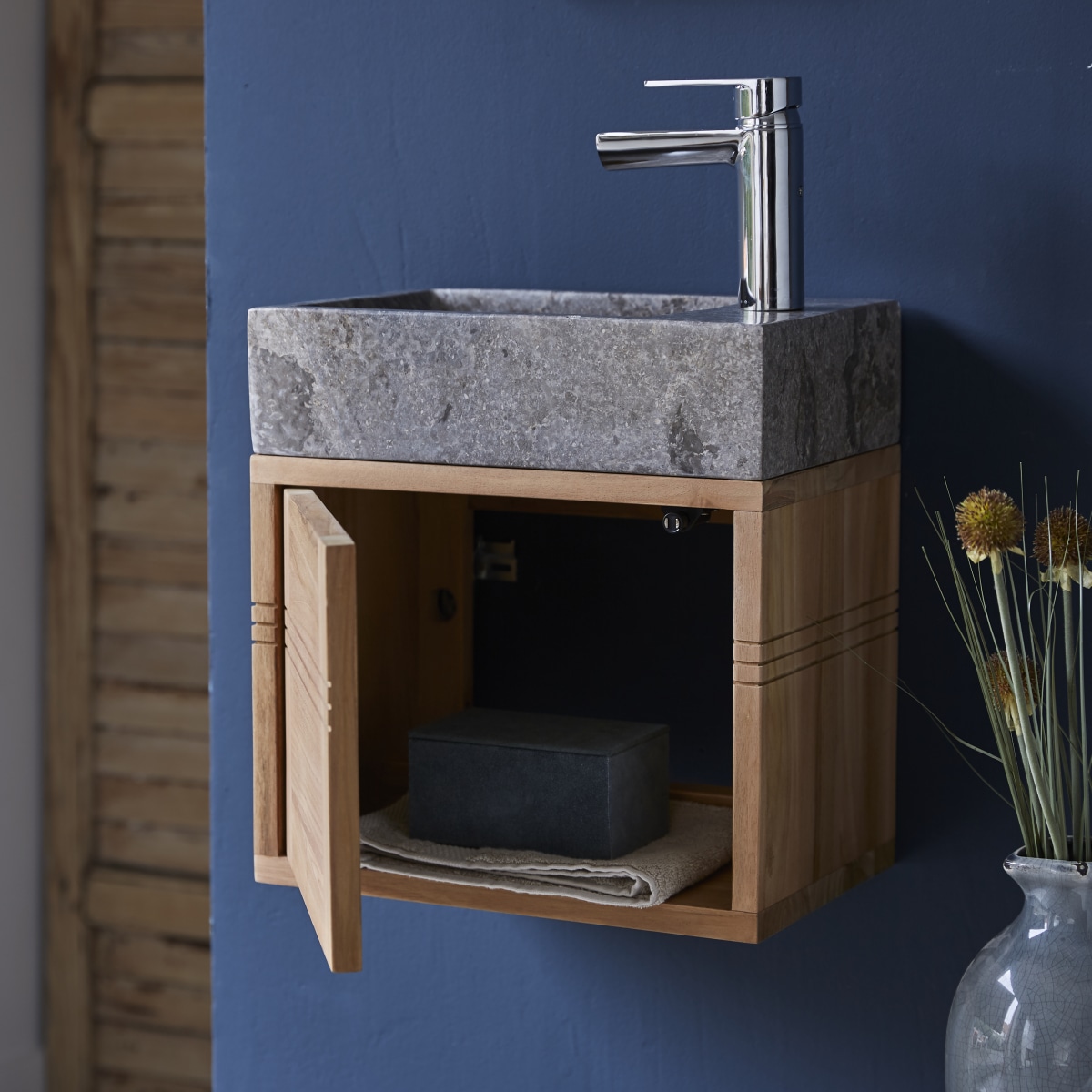 Basic - Badunterschrank massivem Teakholz mit Marmor Waschbecken grey