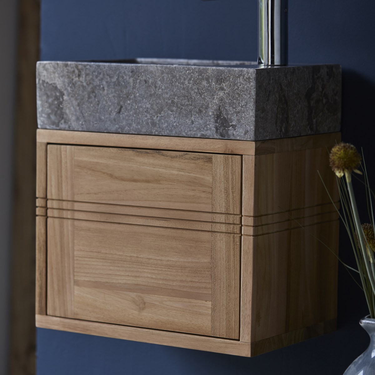 Basic - Badunterschrank massivem Teakholz mit Marmor Waschbecken grey