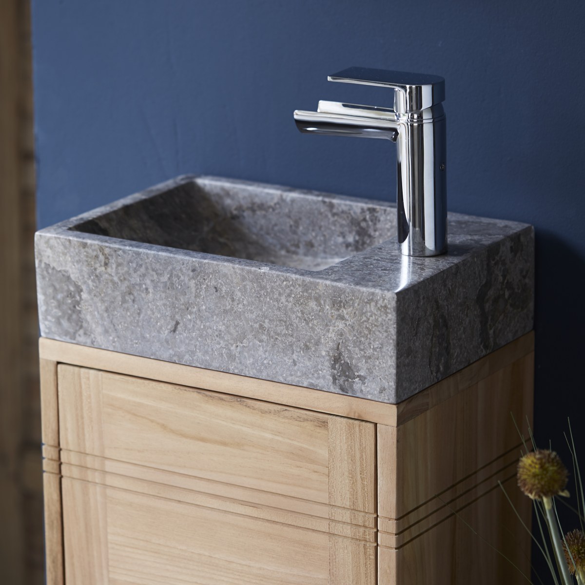 Basic - Badunterschrank massivem Teakholz mit Marmor Waschbecken grey