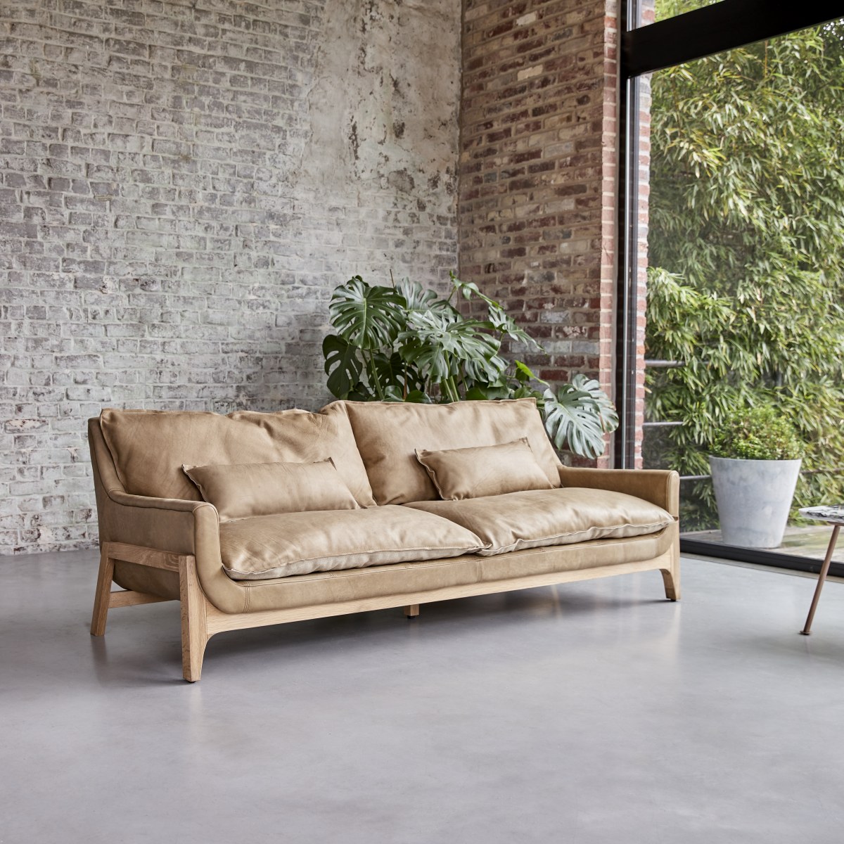Woodnest - Sofa 3-Sitzer aus massivem Eichenholz und Leder Cheyenne