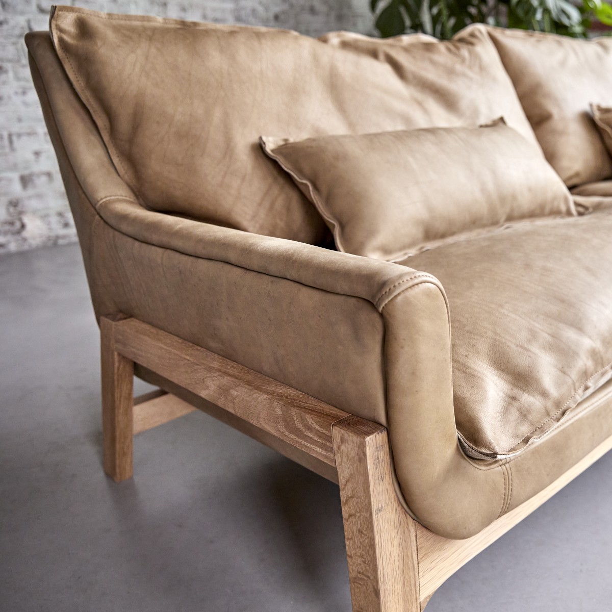 Woodnest - Sofa 3-Sitzer aus massivem Eichenholz und Leder Cheyenne