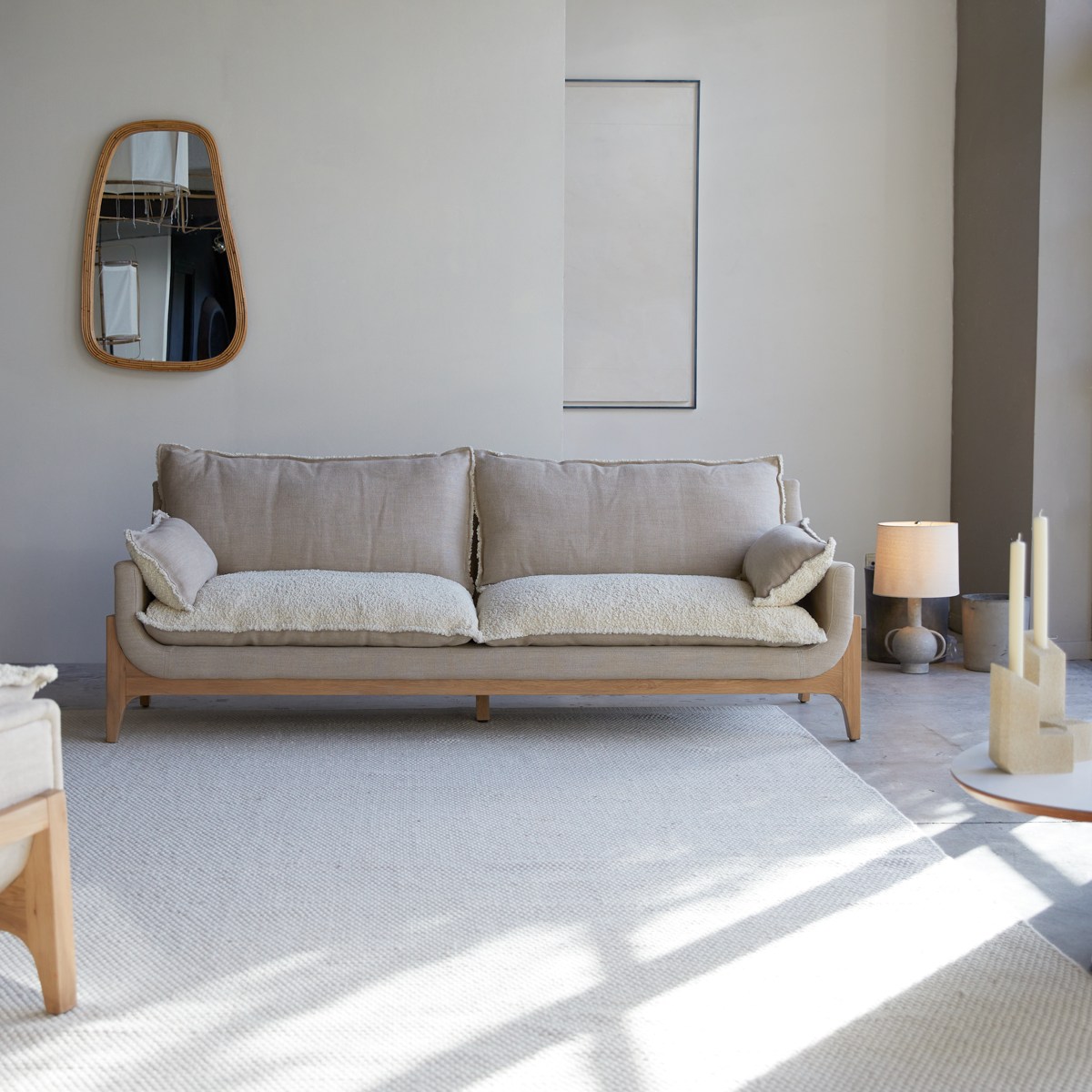 Woodnest - Sofa mit massivem Eichenholzgestell und Leinenbezug 3-Sitzer