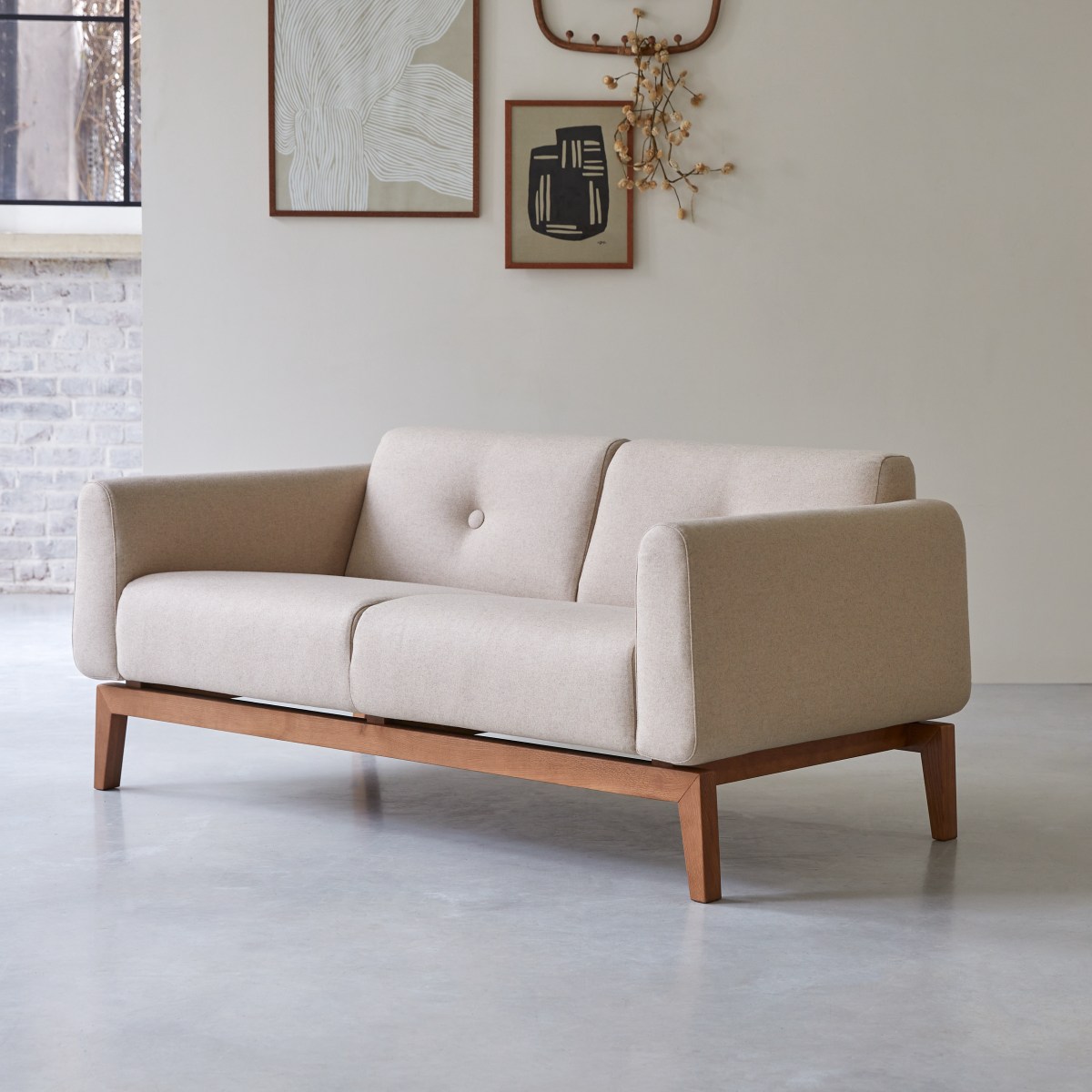 Bjorn - 2-Sitzer-Sofa mit massivem Eichenholzgestell und Ecru-Wolle Stoffbezug