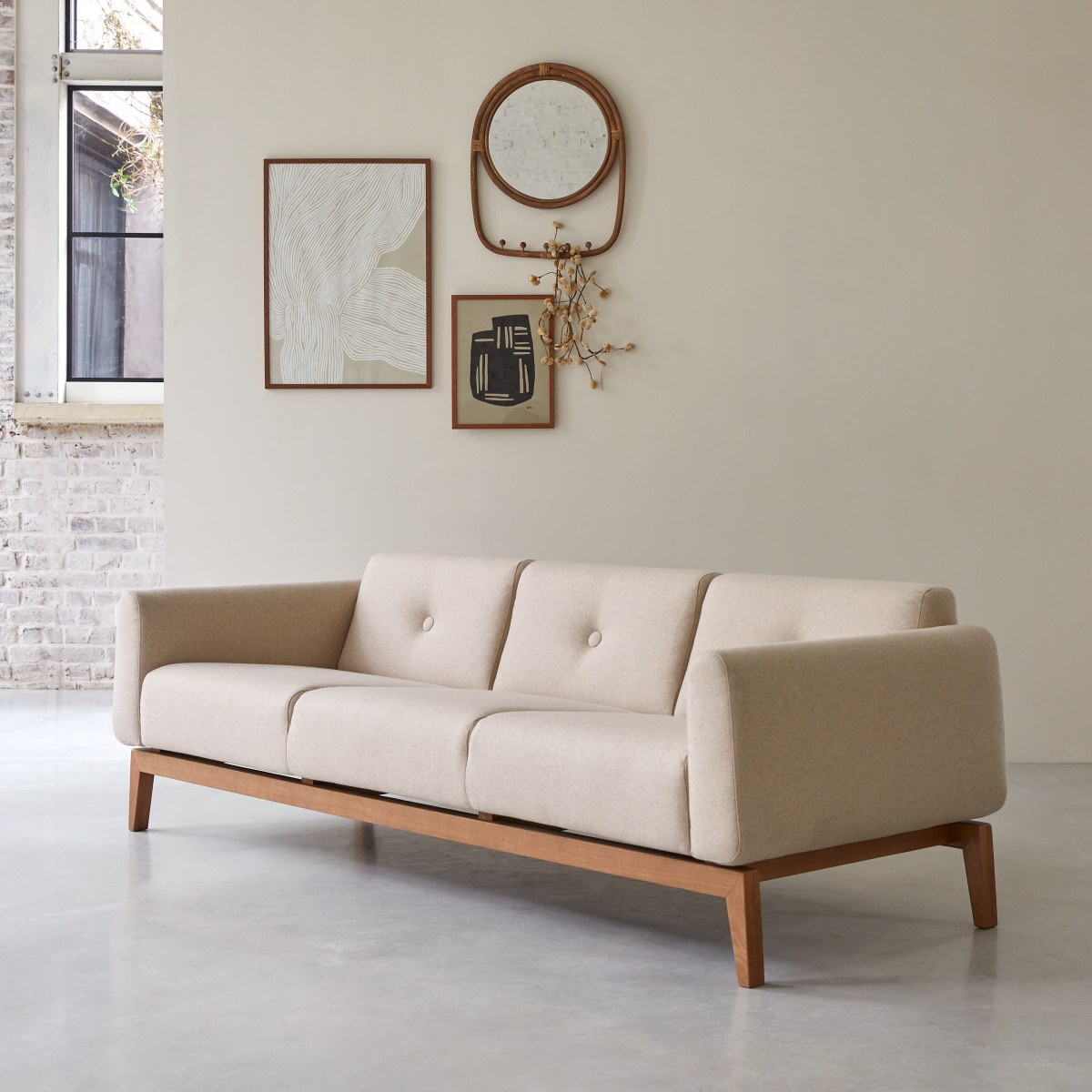 Bjorn - 3-Sitzer-Sofa mit massivem Eichenholzgestell und Ecru-Wolle