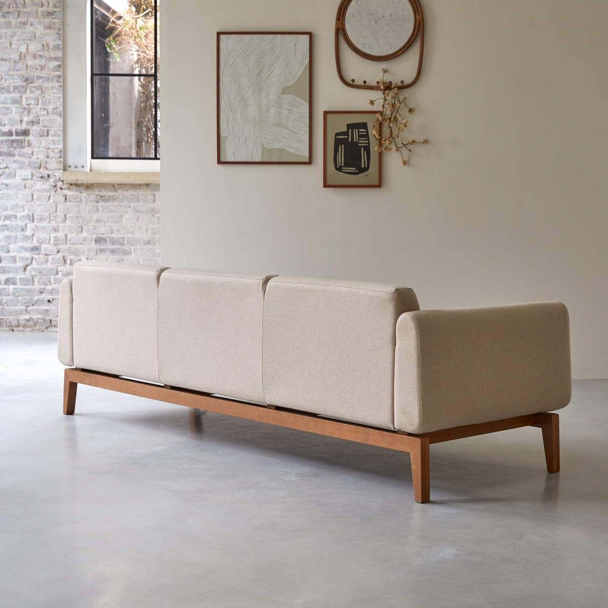 Bjorn - 3-Sitzer-Sofa mit massivem Eichenholzgestell und Ecru-Wolle