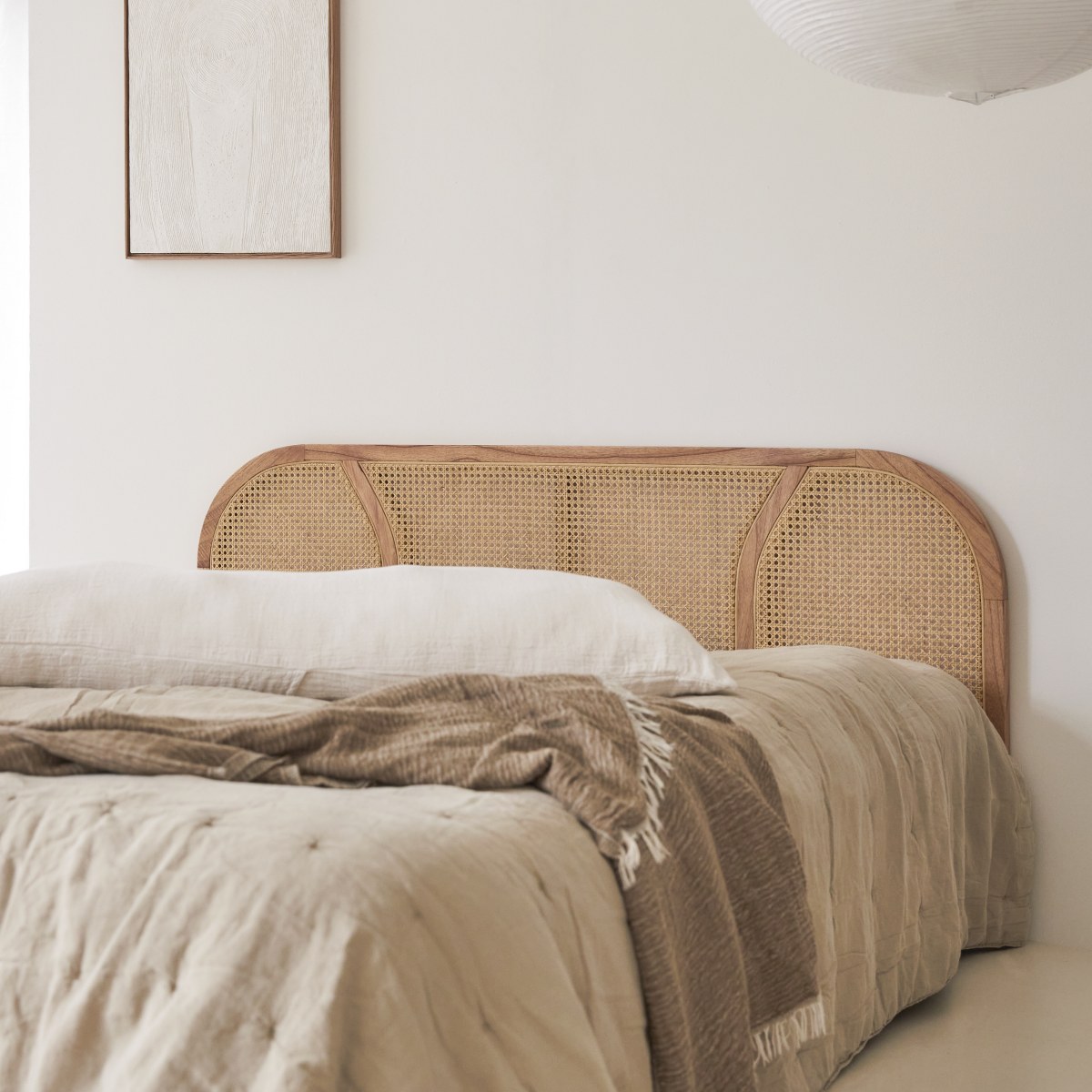 Billie - Cabecero de madera de mindi macizo y rejilla de ratán de 160 cm