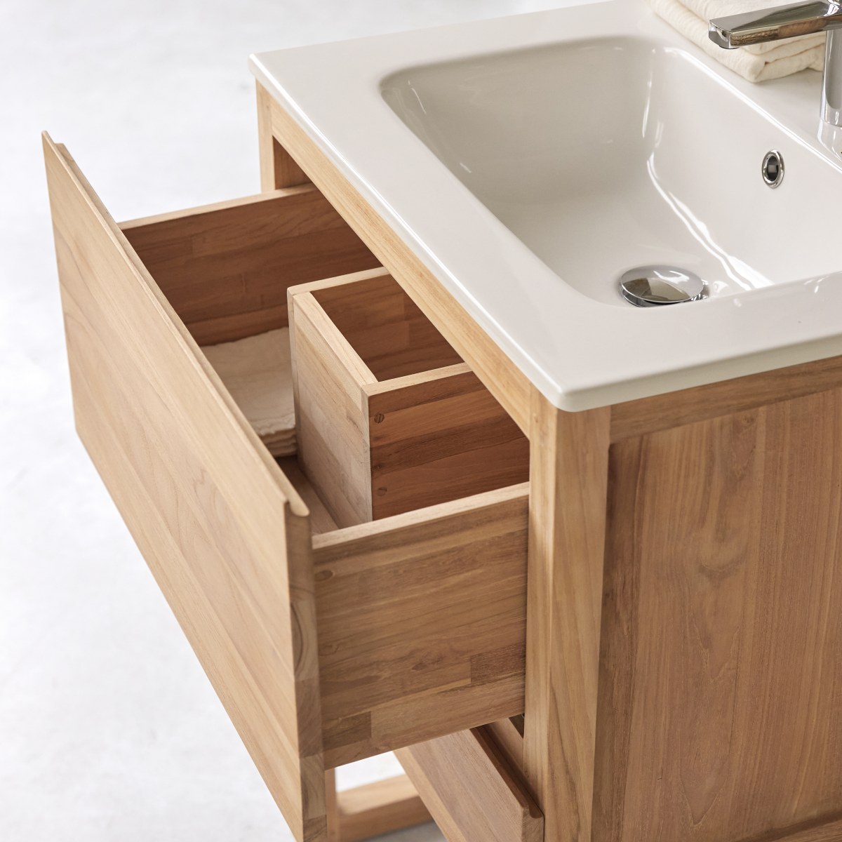 Edgar - Badezimmerschrank aus massivem Teakholz und Keramik 60 cm