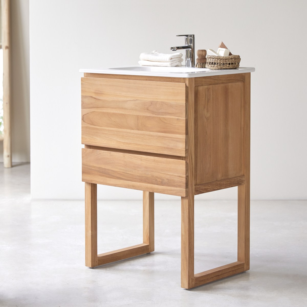 Edgar - Badezimmerschrank aus massivem Teakholz und Keramik 60 cm
