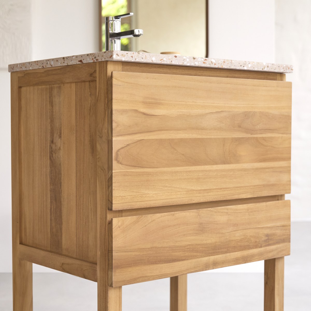 Edgar - Badezimmerschrank aus massivem Teakholz und Terrazzo Pink 60 cm