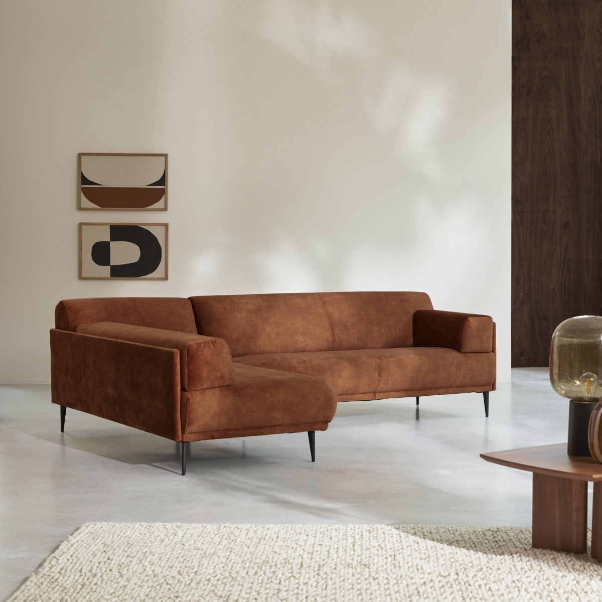Finn - Ecksofa links aus terracottafarbenem Samt 270 x 180 cm, 4-Sitzer