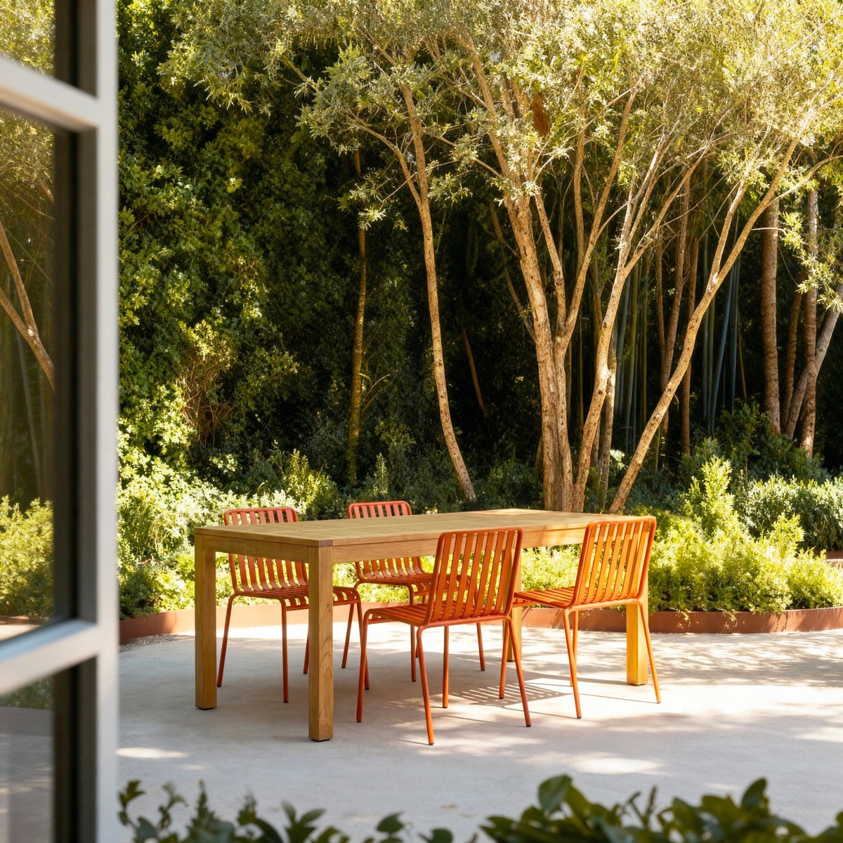 Téo - Conjunto de jardín de teca maciza y metal naranja 4 sillas