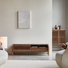 Isaure - Meuble TV en noyer massif et terrazzo premium 140 cm