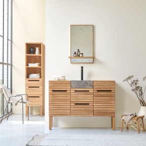 Slats - Solid teak and marble bathroom cabinet 125 cm