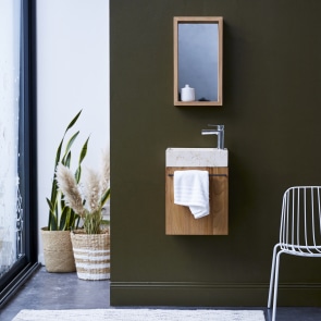 Stelle - Mueble de baño de teca maciza con lavabo de mármol color crema