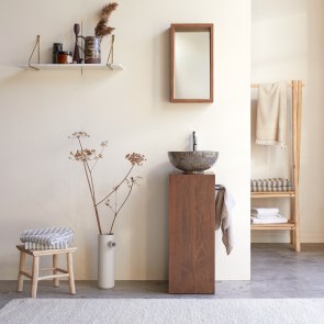 Stelle - Right-side solid walnut under-basin unit.