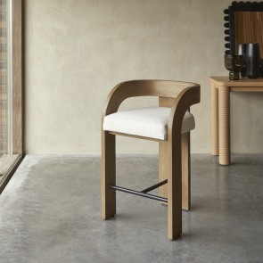 Boti - Chaise de bar en mindi massif et tissu écru