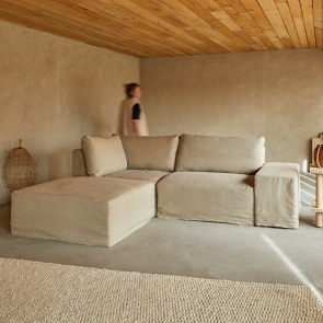 Nils - Sofá esquinero modulable de lino natural con meridiana, 2 plazas 