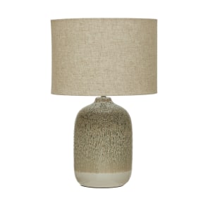 James - Stoneware Table Lamp with Linen Shade and Reactive Glaze, Taupe