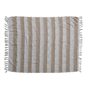 Audrey - Soft Cotton Throw Blanket with Stripes and Fringe, Tan and Natural