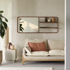 Félicie - Miroir étagère en noyer et laiton