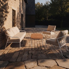 Luca - Set di mobili da giardino in tessuto écru e metallo bianco, 5 posti