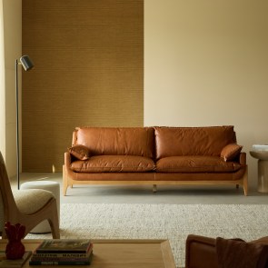 Woodnest - Sofa aus massivem Eichenholz und braunem Leder, 3-Sitzer