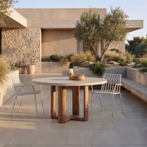 Rose May - Ronde tuintafel van massief acaciahout en ecrukleurig cement 4/6 pers.