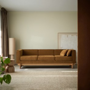 Miu - Canapé en chêne massif et tissu ocre, 3 places