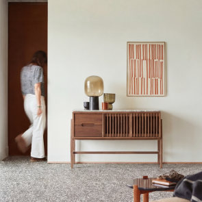 Isaure - Consola de entrada de nogal macizo y terrazzo premium P. 35 cm