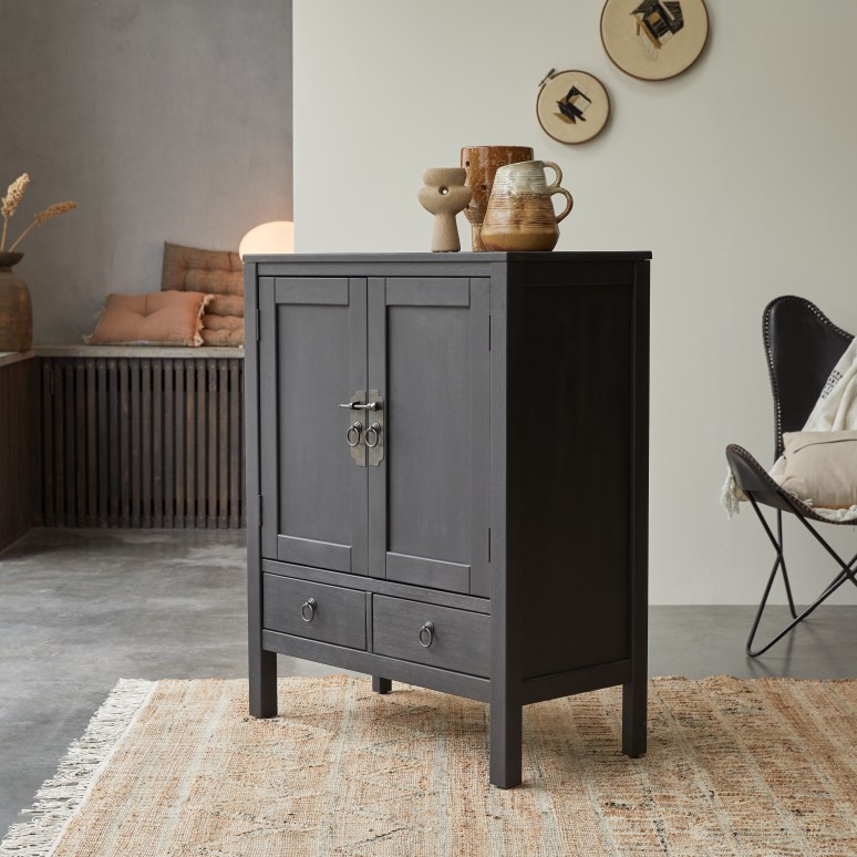 Thaki Black - Aparador de entrada de pino macizo 80 cm