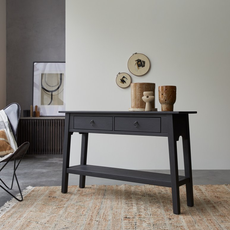 Thaki Black - Console d'entrée en pin massif 2 tiroirs P. 35 cm