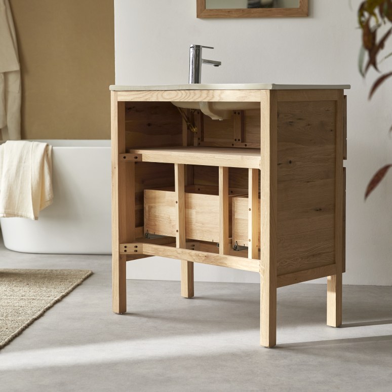 Easy - Mobile per il bagno in legno di quercia massello e ceramica 80 cm