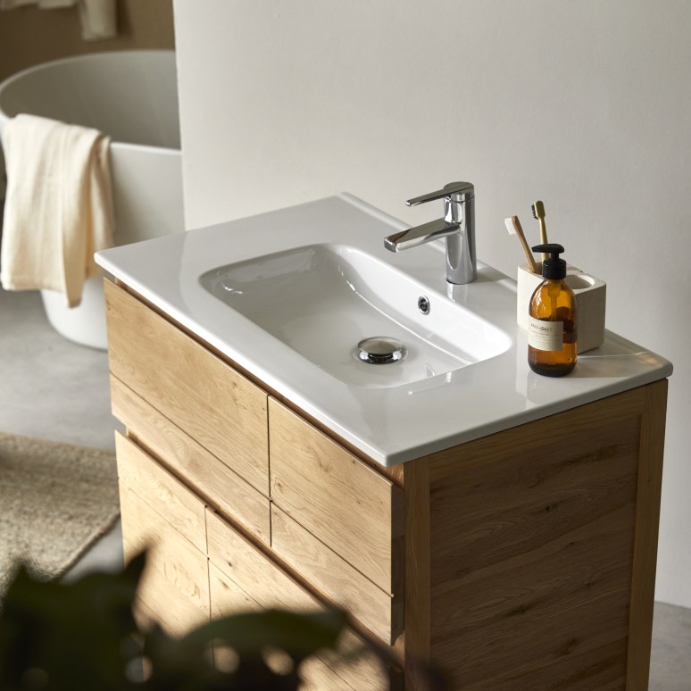 Easy - Mobile per il bagno in legno di quercia massello e ceramica 80 cm
