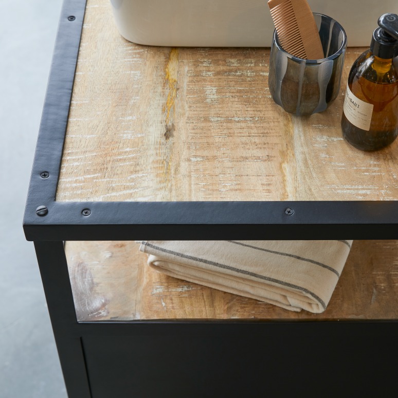 Industriel - Waschtischunterschrank aus massivem Mangoholz und Metall 140 cm