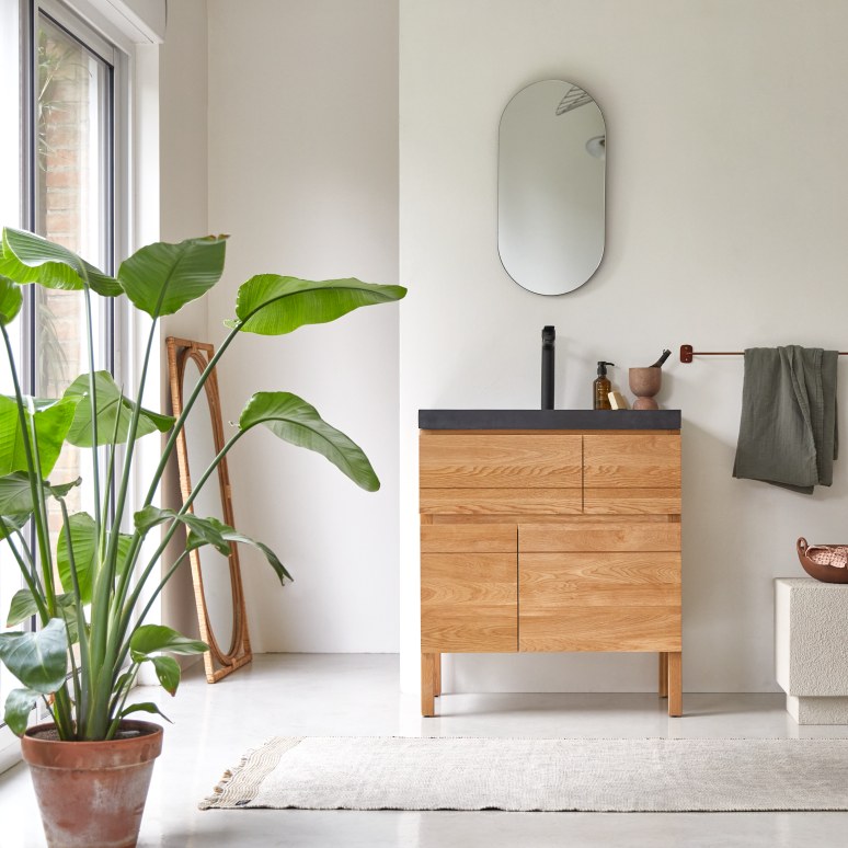 Easy - Solid oak and lava stone bathroom cabinet 80 cm