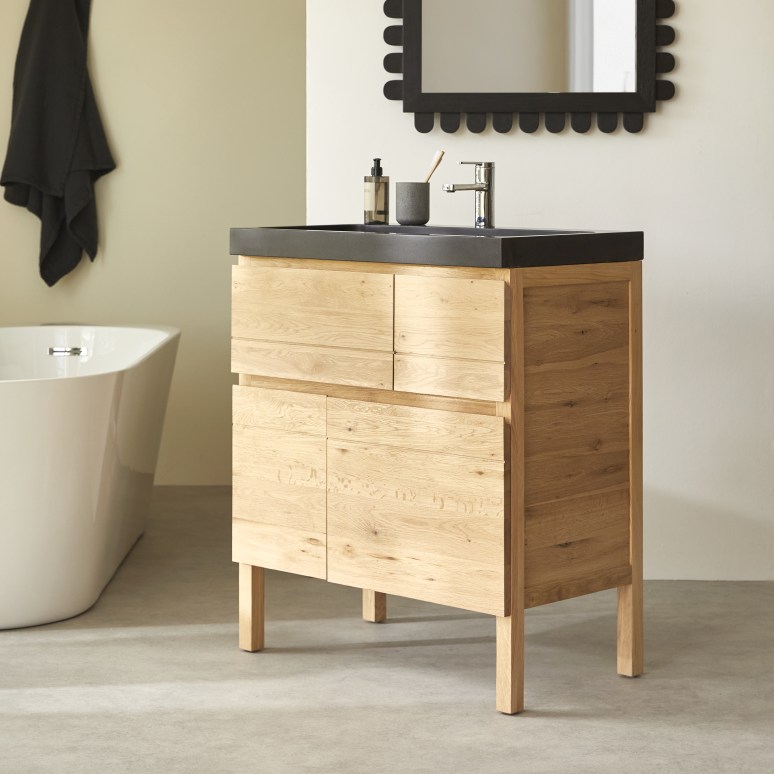 Easy - Mueble de baño de roble macizo y piedra de lava de 80 cm