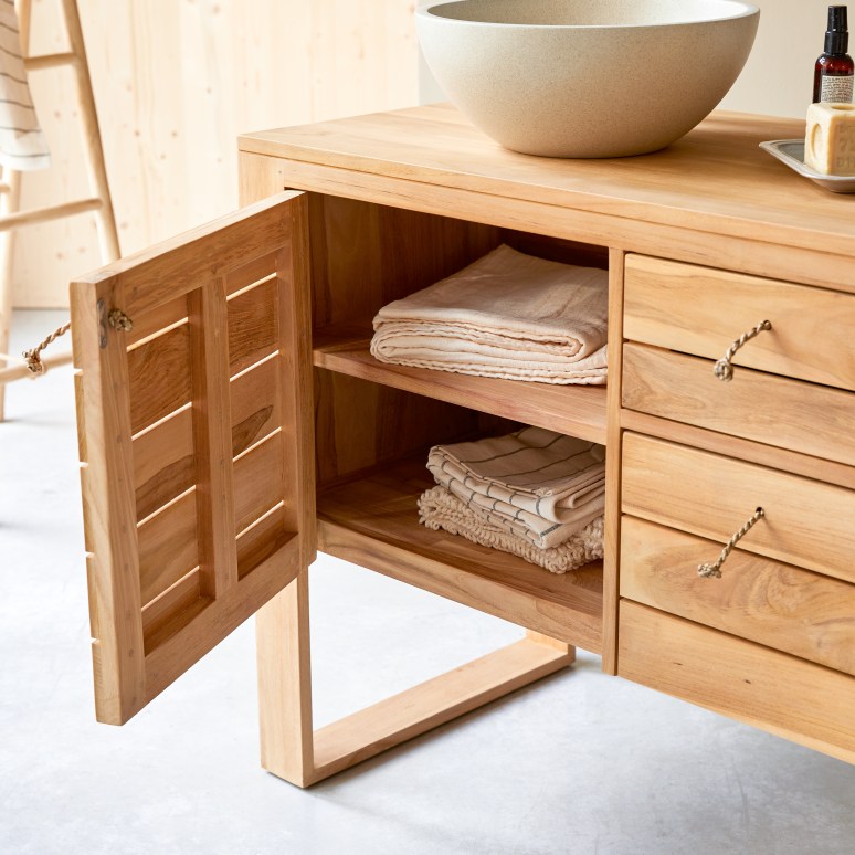 Minimalys - Waschtischunterschrank aus massivem Teakholz 145 cm