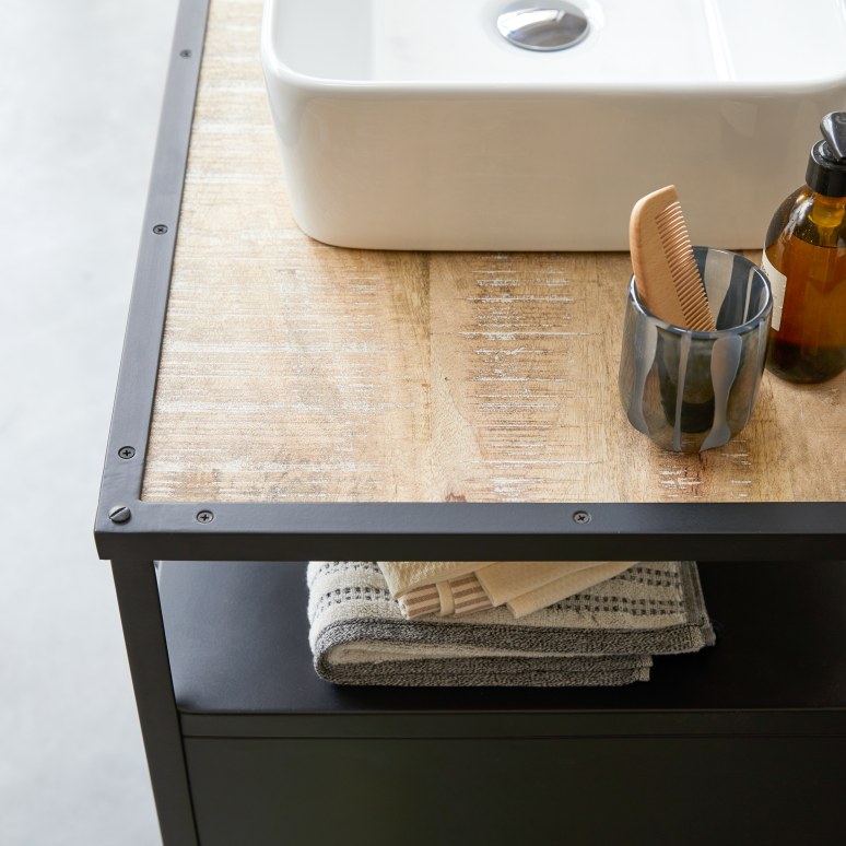 Industriel - Vanity unit in solid mango wood and metal, 95 cm