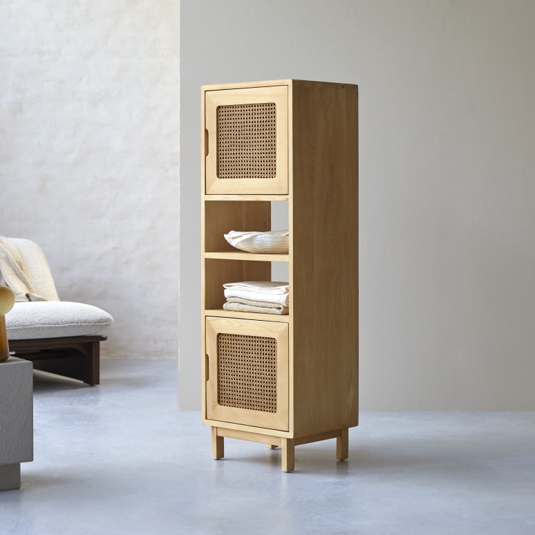 Luis - Libreria alta in legno di olmo massello e rattan