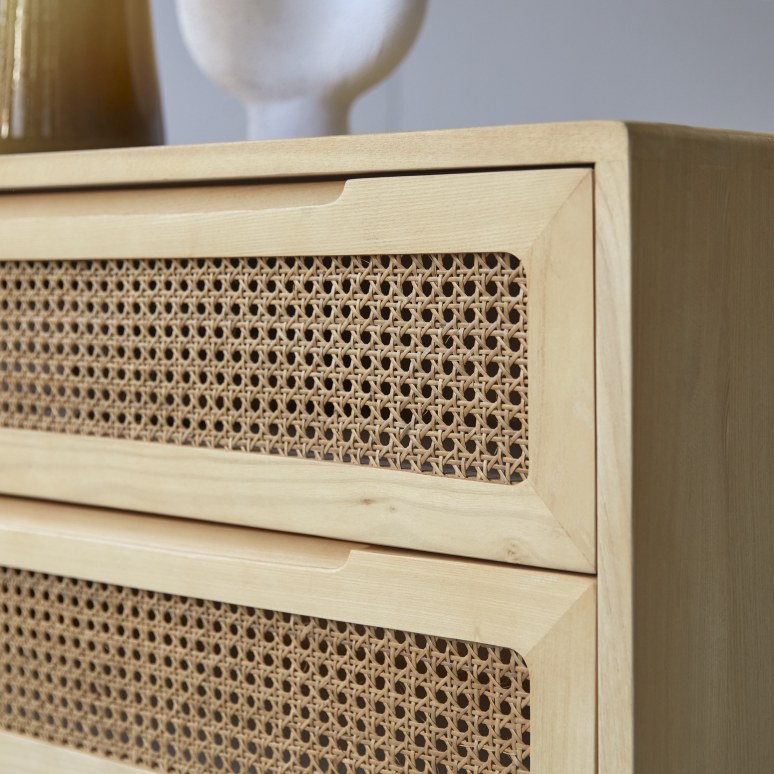 Luis - Cassettiera in legno di olmo massello e rattan
