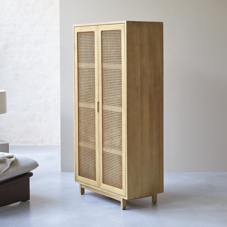 Luis - Hallway wardrobe in solid elm and cane webbing