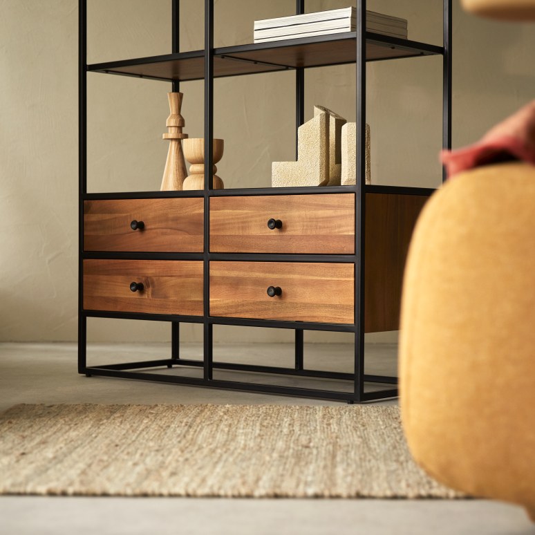 Agra - Solid acacia and metal bookcase