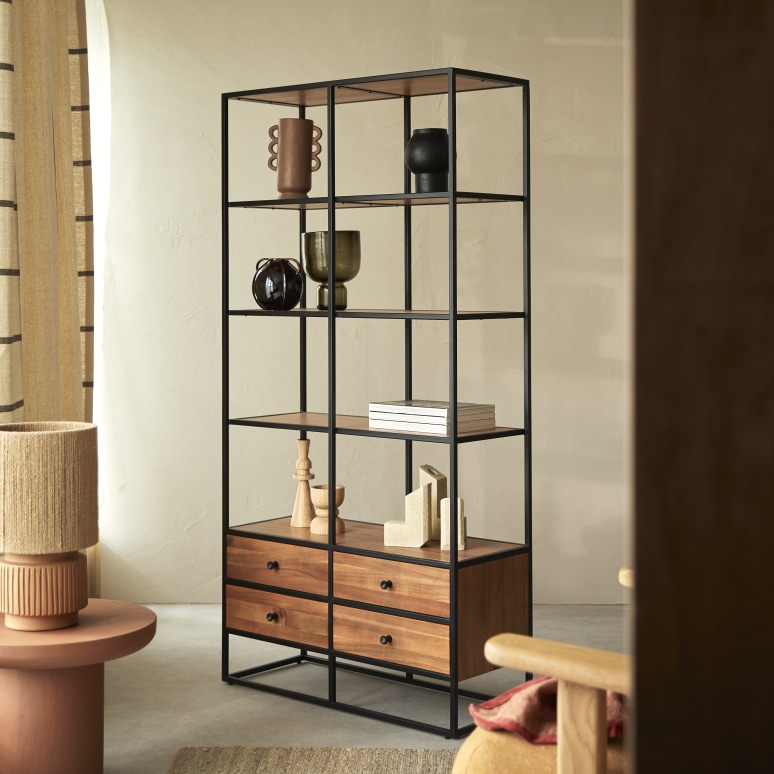 Agra - Solid acacia and metal bookcase