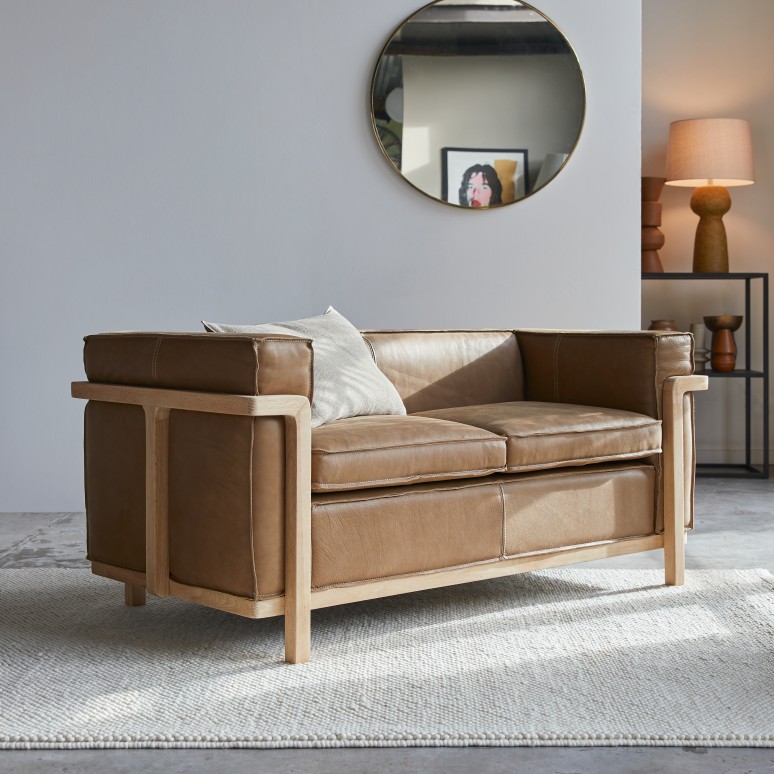 Cobbelwood - Sofa aus massivem Eichenholz und Leder Cheyenne ,2-Sitzer