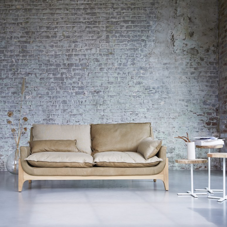 Woodnest - Sofa 2-Sitzer aus massivem Eichenholz und Leder Cheyenne