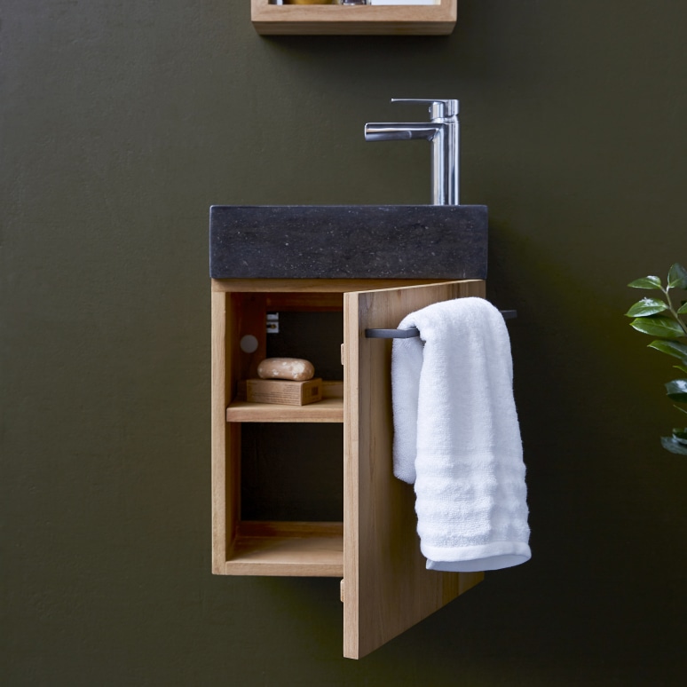 Stelle - Badunterschrank massivem Teakholz mit Marmor Waschbecken black